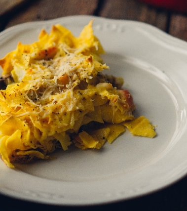 Timballo maltagliati e carciofi in frittata