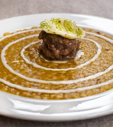 Risotto con zucca, gorgonzola, manzo e verza