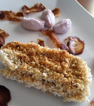 Spatola gratinato con quenelle di patate viola