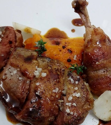 Piccione, zucca, liquirizia e topinambur