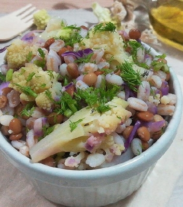 Cereali con lenticchie e cavolo cappuccio viola