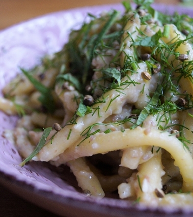 Pici al limone con crema di fave e semi di canapa