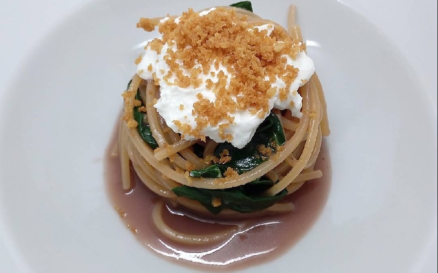 Spaghetti risottati in acqua di polpo e burrata