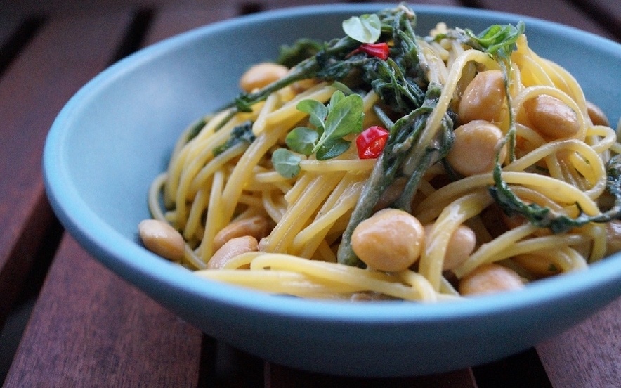 Spaghetti al mais con lupini e vitalba