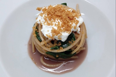 Spaghetti risottati in acqua di polpo e burrata