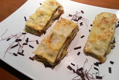 Lasagne con melanzana, sedano rapa e caciocavallo