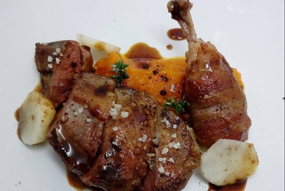 Piccione, zucca, liquirizia e topinambur